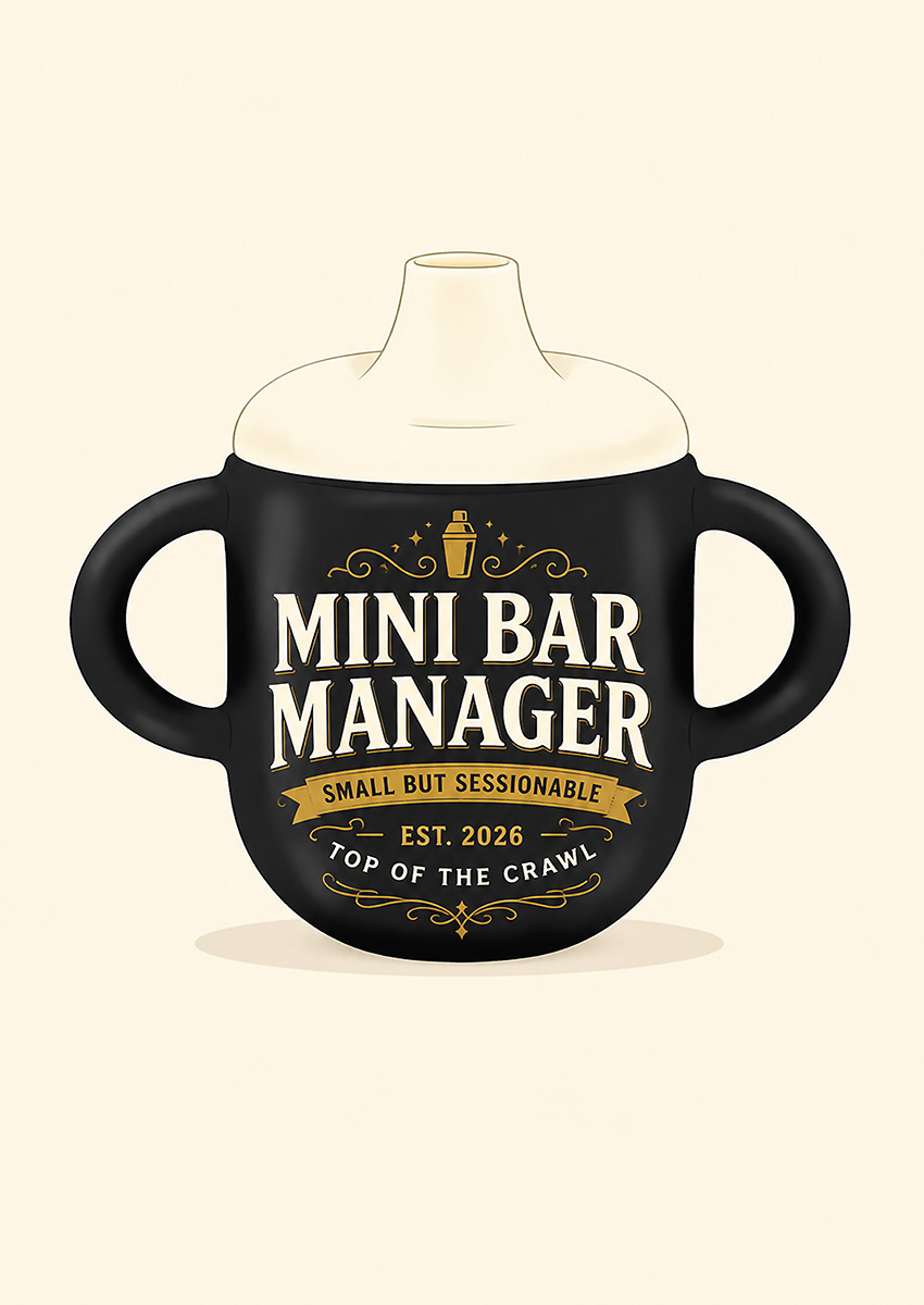Playful illustration of a baby bottle with text reading Mini Bar Manager